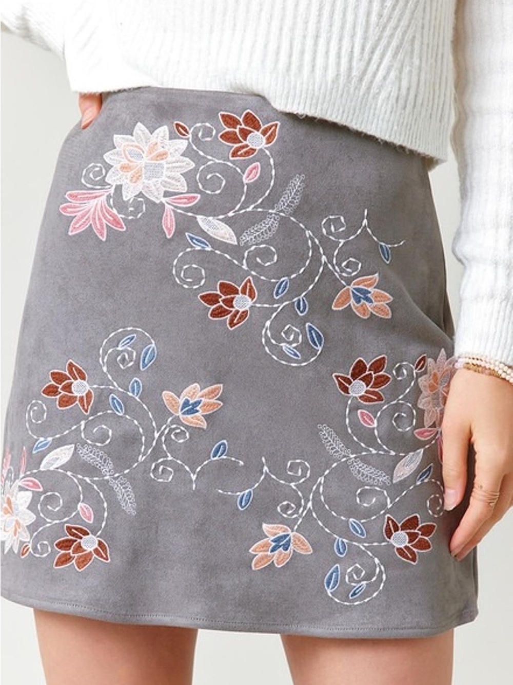Francesca’s Blue Rain Embroidered Floral Gray A-Line Skirt - Colorful Accents